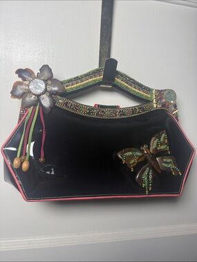 Mary Frances Black Patent Women's Handbag Floral & Butterfly Accents